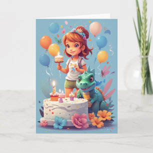 Carte Caricature fille avec gâteau d'anniversaire & dino