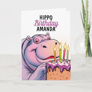 Carte Caricature gâteau pourpre Funny Hippo Anniversaire