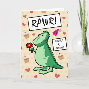Carte Caricature mignonne Dinosaur Roar Joyeux 3ème anni