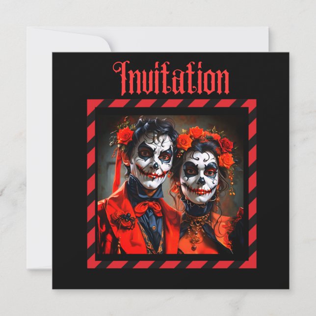 Carte Caricature rouge et noire Dia de los Muertos coupl (Devant)