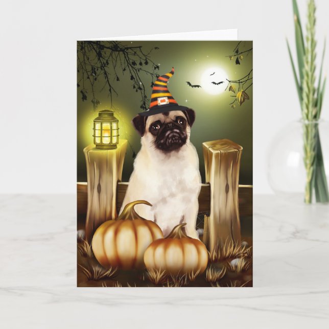Carte Carlin chien avec sorcière Casquette Halloween (Devant)