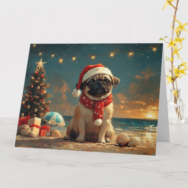 Carte Carlin Chien Noël Plage Vintage (Fleur jaune)