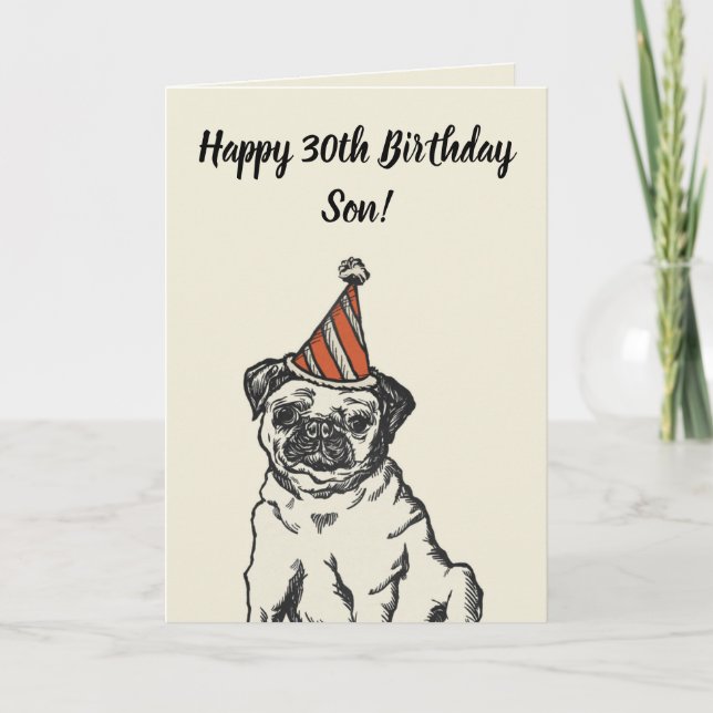 Carte Carlin drôle mignon Fils gris 30e anniversaire (Devant)