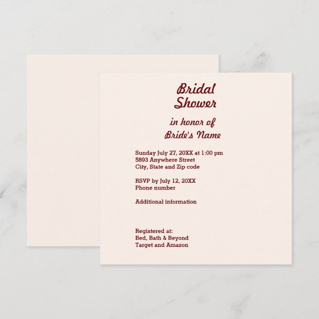 Carte Carré d'invitation de douche nuptiale person (Devant / Derrière)