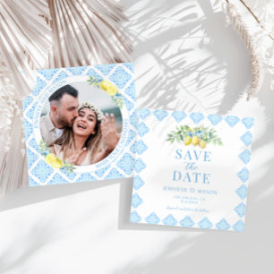 Carte Carreaux Bleus Citron Enregistrer La Date Photo In