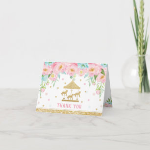 Carte Carrousel floral de Monnaie rose Merci de fête d'a
