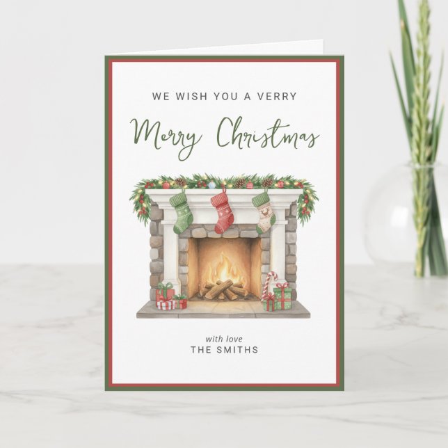Carte Cartão Feliz natal lareira aquarela (Devant)