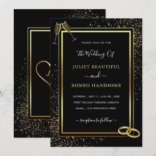 Carte Carton d'invitation de mariage pailleté noir et or