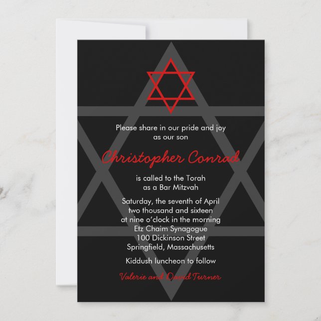 Carte Carton d'invitation pour la Bar Mitzvah noir et ro (Devant)