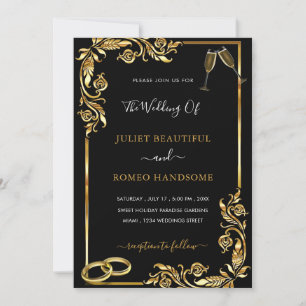 Carte Cartons d'invitation de mariage Noir Or Anneaux et