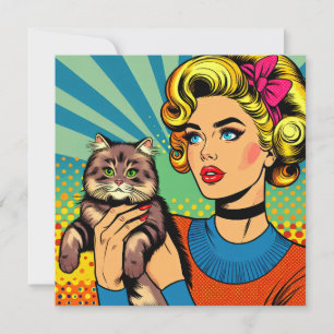Carte Cartoon Comic Pop Art Femmes tenant un chat