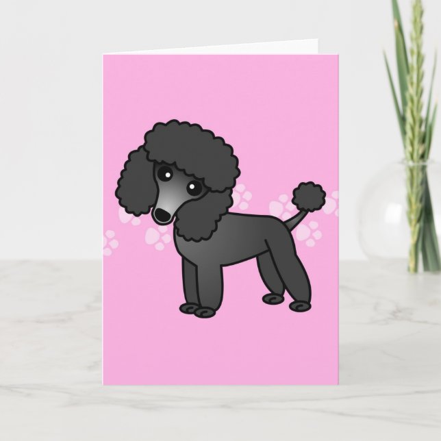 Carte Cartoon de caniche noir mignon - Pawprint rose (Devant)