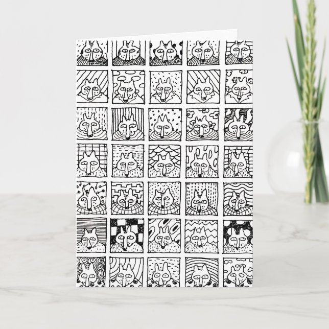 Carte Cartoon Foxes Faces Squares Drawing Card (Devant)