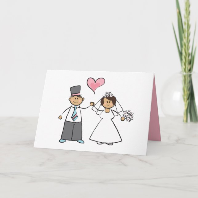 Carte Cartoon Mariage Couple Mariée & Groom Coeur rose (Devant)