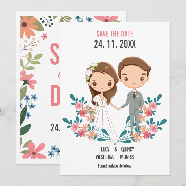 Carte Cartoon mignon Couple floral Enregistrer la date (Devant / Derrière)