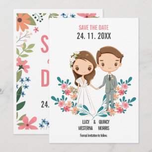 Carte Cartoon mignon Couple floral Enregistrer la date