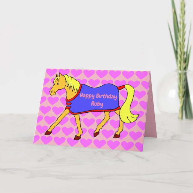 Carte Cartoon mignon poney avec Coeurs roses Anniversair (Devant)