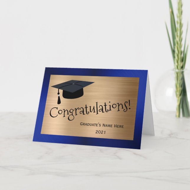 Carte Casquette Gold Blue moderne Félicitations Graduati (Devant)