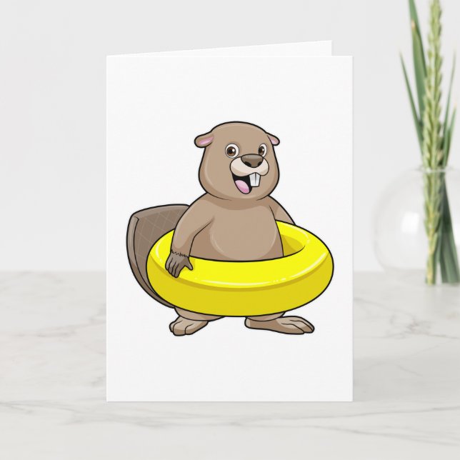 Carte Castor à la piscine avec bague de natation (Devant)