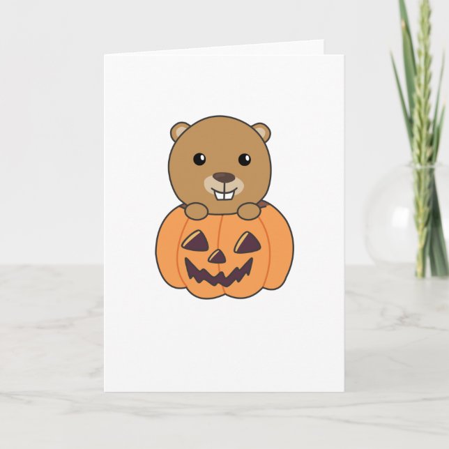 Carte Castor en Citrouille Castor doux Halloween heureux (Devant)