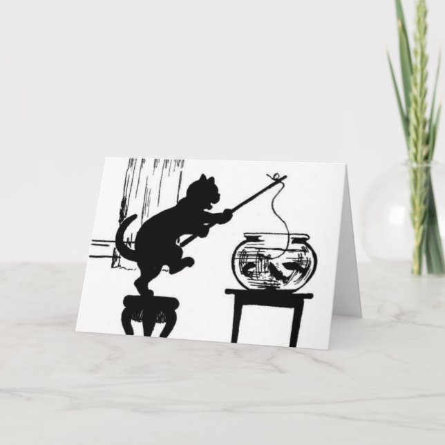 Carte Cat Black/White Silhouette Fishing in Fish Bowl (Devant)