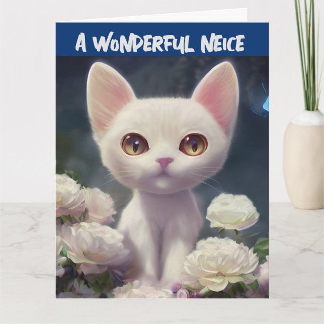 Carte CAT BLANCHE ANNIVERSAIRE NEICE (Devant)