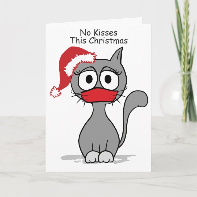Carte Cat de Noël COVID No Kisses Salutation de vacances (Devant)