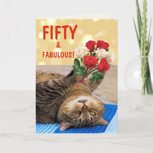 Carte Cat Et Rose Cinquantième Anniversaire (Devant)
