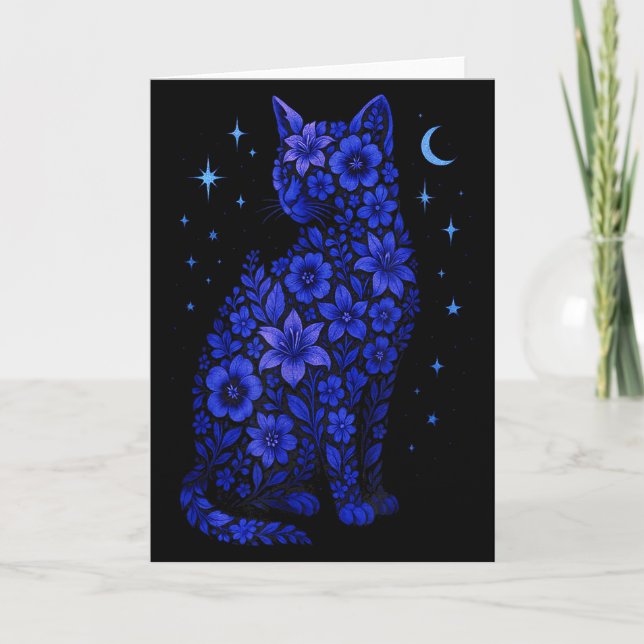 Carte Cat Flowers Moon Stars  (Devant)