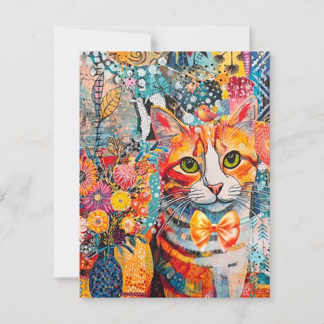 Carte Cat Mixed Mixed Paper Collage Greeting Card (Devant)