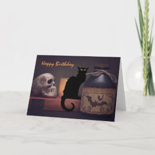 Carte Cat noir effrayant et crâne Halloween Joyeux anniv