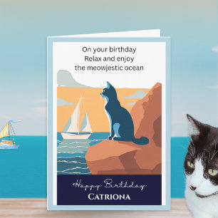 Carte Cat Ocean View Retro Personnalisé Joyeux anniversa