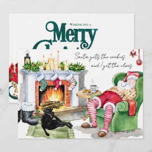 Carte Cat reçoit les elfes drôle Père Noël voeux de Noël