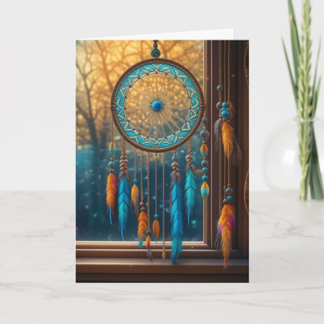Carte Catcher de rêve orange et bleu dans une fenêtre dé (Devant)