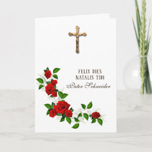 Carte Catholique prêtre Latin Anniversaire Crucifix Rose