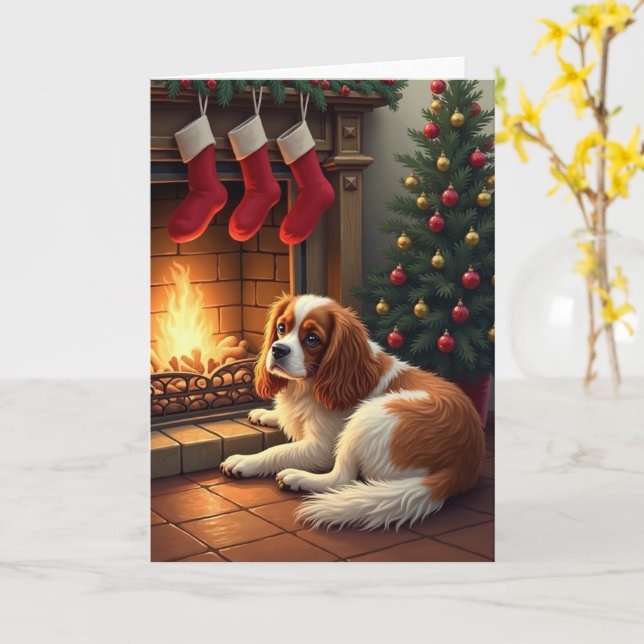 Carte Cavalier King Charles by the Fireplace Christmas (Fleur jaune)