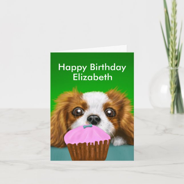 Carte Cavalier King Charles Spaniel avec gâteau d'annive (Devant)
