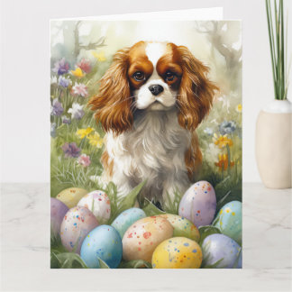 Carte Cavalier King Charles Spaniel avec Oeufs de Pâques