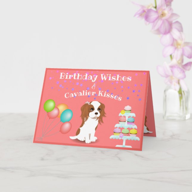 Carte Cavalier King Charles Spaniel Pink Happy Birthday (Orchidée)