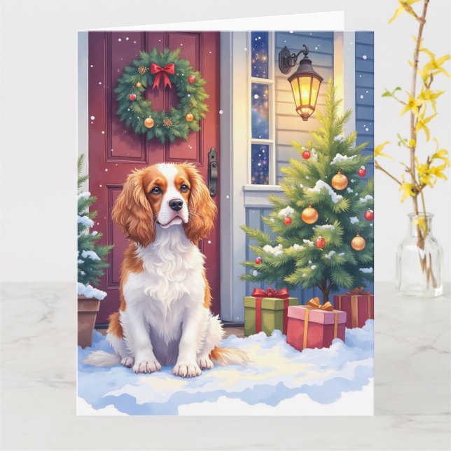 Carte Cavalier King Charles Spaniel Snowy Christmas (Fleur jaune)