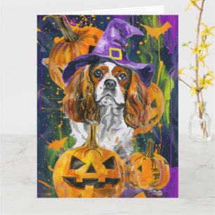 Carte Cavalier King Chien Halloween Sorcière Et Citrouil