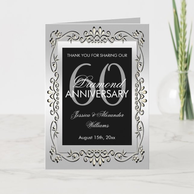 Carte Célébration Mariage 60 ans Élégant Décoratif Argen (Devant)