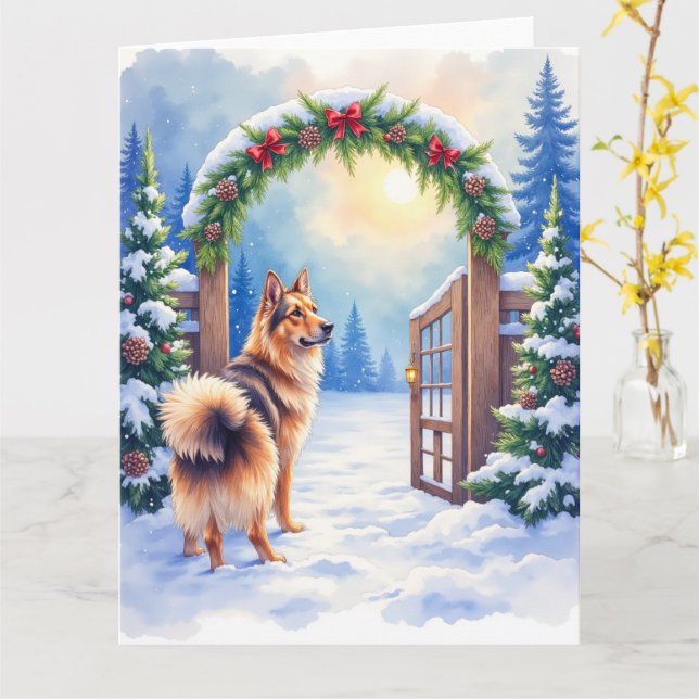 Carte Central Asian Shepherd Snowy Gate Christmas Art (Fleur jaune)