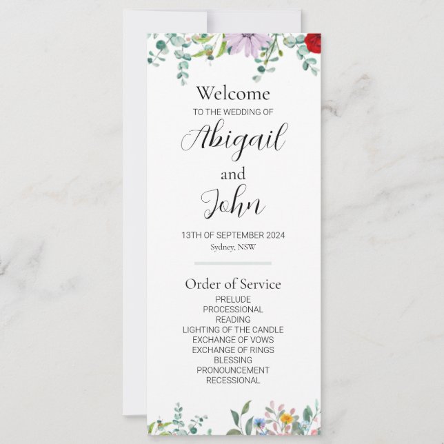 Carte Cérémonie de Mariage Fleur sauvage double face Car (Devant)