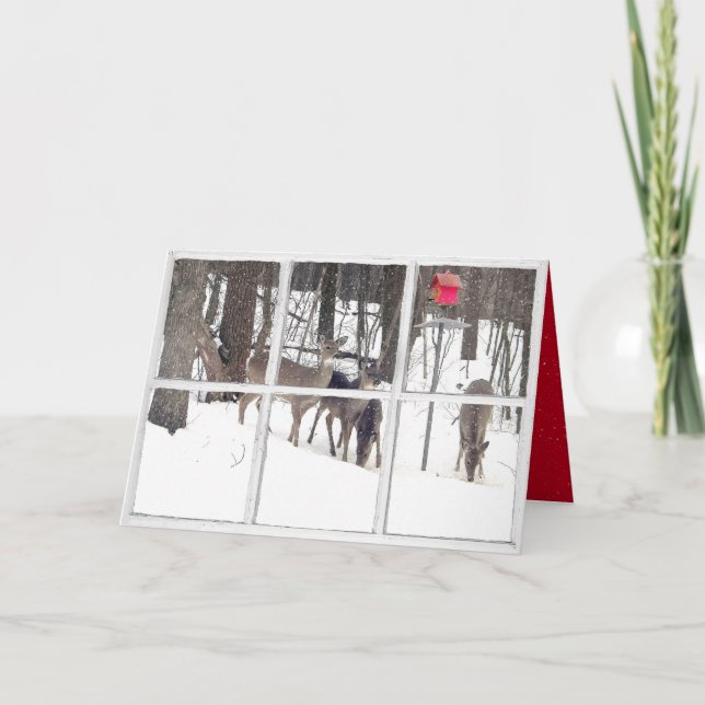 Carte cerf dans la neige et maison d'oiseaux rouge dans  (Devant)