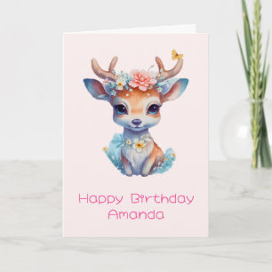 Carte Cerf de Bébé mignon avec Antlers et Fleurs Anniver