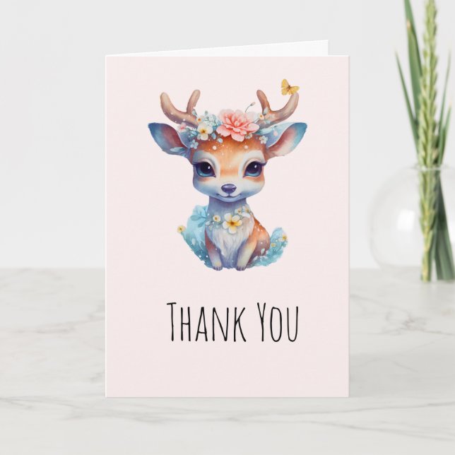 Carte Cerf de Bébé mignon avec Antlers et Fleurs Merci (Devant)