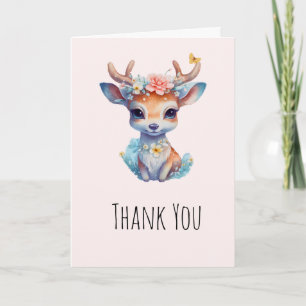 Carte Cerf de Bébé mignon avec Antlers et Fleurs Merci