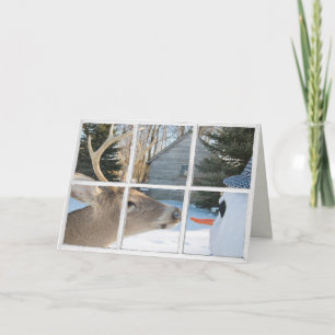 Carte Cerf de Noël et bonhomme de neige à la fenêtre