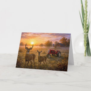 Carte Cerf de Virginie et tracteur rouge pour anniversai
